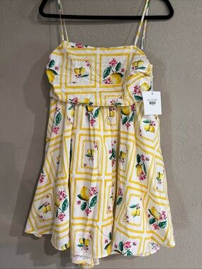 Santorini Citrus Mini Bow Dress Women’s L Lemon Print Lined Adj Straps Bow NWT